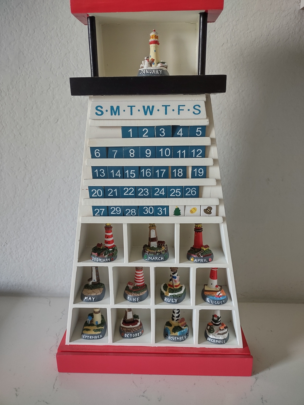 Lighthouse Perpetual Calendar with Mini Monthly Lighthouses - Blue & White